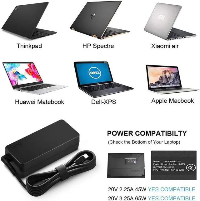 Alt view image 6 of 7 - USB C Laptop Charger 65W for Lenovo Adapter for Chromebook C330 S330 100e Yoga C930 C940 S730 720 730 910 920 13 IdeaPad 730s ThinkPad X1 Carbon T470 T470s T480 T480s T570 T580 GX20P92530 Power Supply