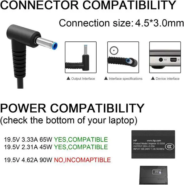 Alt view image 3 of 7 - Smart Blue Tip 65W 45W AC Adapter Power Supply Laptop Charger for HP Chromebook,Stream,X360 Pavilion, Envy,Spectre, Elitebook, ProBook, and More