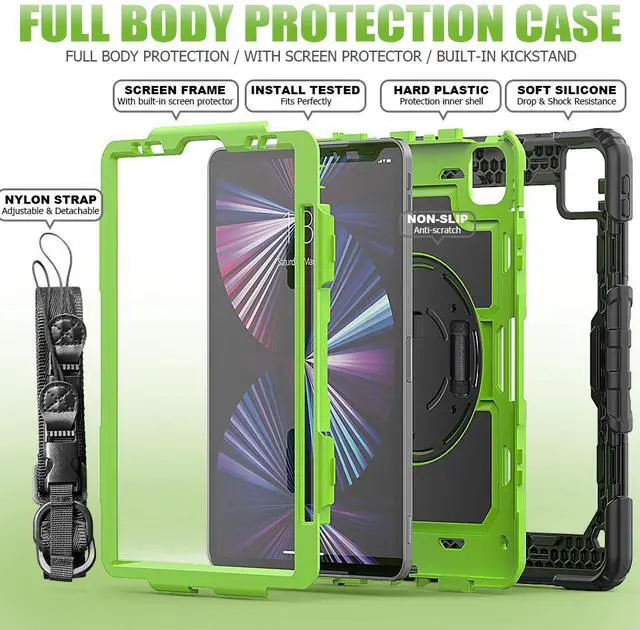 Alt view image 5 of 7 - iPad Pro 11 inch Case 2021 3rd Generation with Pencil Holder / Screen Protector / Stand / Shoulder Strap Shockproof Protective Cover for iPad Pro 11 Inch 2021 2020 2018 and iPad Air 4 10.9 2020