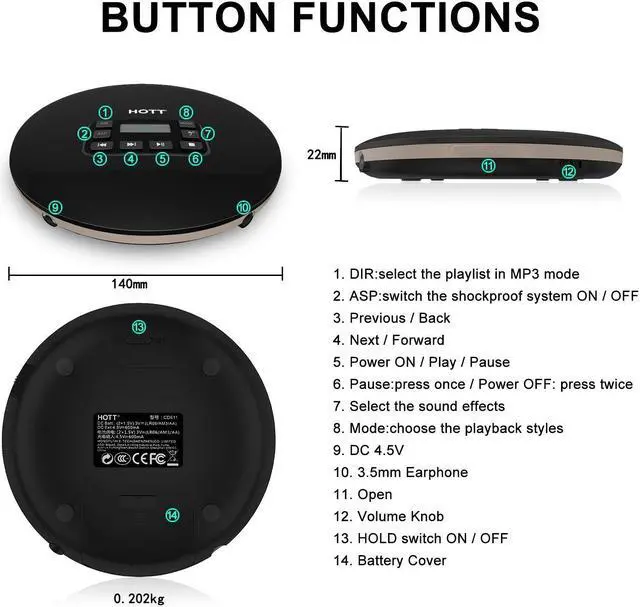 Alt view image 5 of 7 - Rechargeable Portable CD Player HAMAXA Personal Disc Player with LCD Display Compact Anti-Shock Anti-Scratch Skip Protection Memory Feature Small Music Walkman CD Player for Kids & Adults
