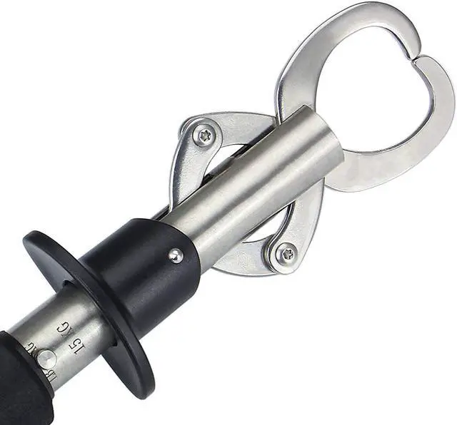 Alt view image 4 of 7 - WERLEO Stainless Steel Fish Lip Gripper Grabber Grip Two-Sided Trigger Tool Fish Holder with Scale Max 33 lbs / 15kg EVA Foam Handle Adjustable Lanyard