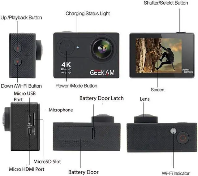Alt view image 2 of 7 - GeeKam Action Camera 4K WiFi Ultra HD Underwater 30M Waterproof 170° Wide Angle Lens Sports Camcorder with Remote Control 2 Rechargeable Batteries and Mounting Accessories Kit