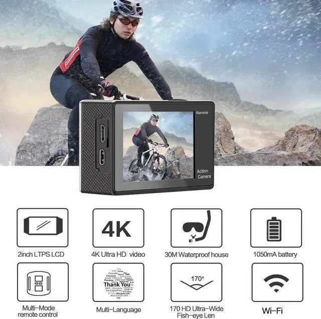 Alt view image 3 of 7 - GeeKam Action Camera 4K WiFi Ultra HD Underwater 30M Waterproof 170° Wide Angle Lens Sports Camcorder with Remote Control 2 Rechargeable Batteries and Mounting Accessories Kit