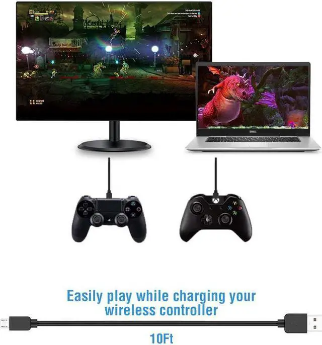 Alt view image 2 of 7 - 2 Pack 10ft PS4 Controller Charging Cable Sync Cord, Play and Charger Micro USB Cable for PlayStation 4/ DualShock 4/ PS4 Slim/ PS4 Pro/Xbox One/Xbox One S/Xbox One Elite/Xbox One X Controllers