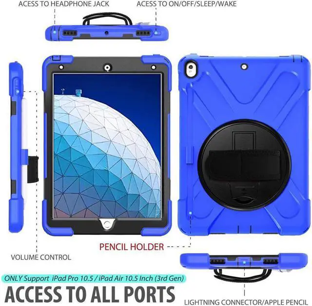 Alt view image 2 of 6 - iPad AIR 3rd Generation 10.5” 2019 Case iPad Pro 10.5 inch 2017 Case - Heavy Duty Shockproof Protective Case Cover with Pencil Holder Rotating Stand / Hand Strap Carrying Shoulder Strap