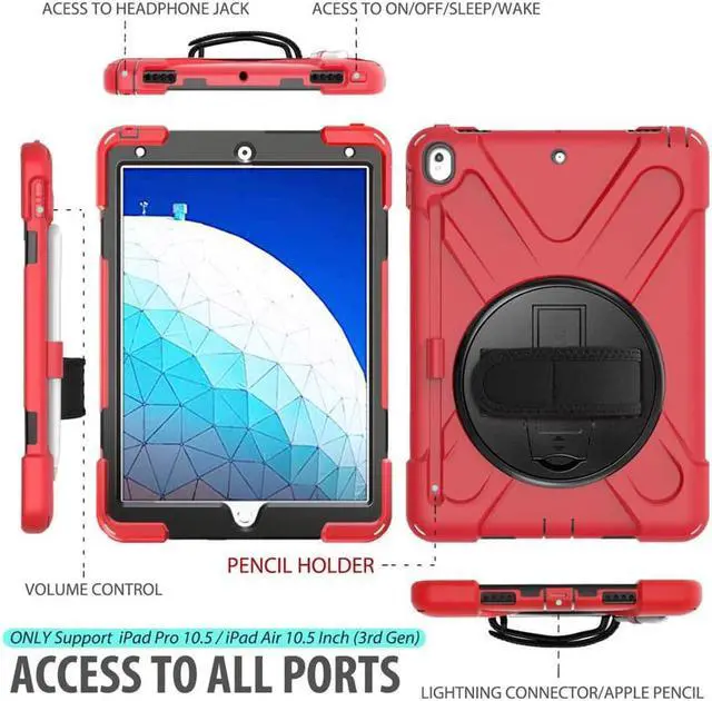 Alt view image 2 of 6 - iPad AIR 3rd Generation 10.5” 2019 Case iPad Pro 10.5 inch 2017 Case - Heavy Duty Shockproof Protective Case Cover with Pencil Holder Rotating Stand / Hand Strap Carrying Shoulder Strap