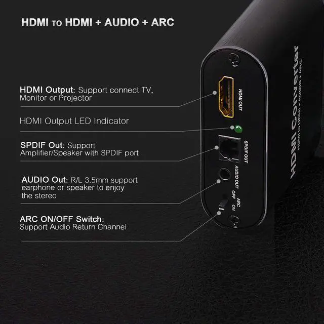Alt view image 4 of 6 - 4K HDMI Audio Extractor, HDMI to HDMI + Digital Optical TOSLINK (SPDIF) + 3.5mm Audio Stereo Audio Converter Adapter Support ARC 3D PS4 Pro Roku Xbox One Etc