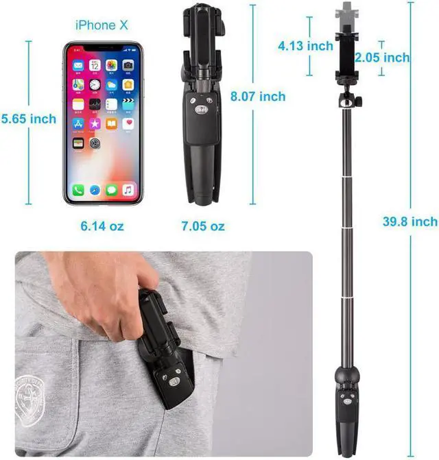 Alt view image 3 of 7 - Selfie Stick Tripod,40 Inch Extendable Selfie Stick Tripod with Wireless Remote Control,Compatible with iPhone 6 7 8 X Plus, Samsung Galaxy S9 Note8