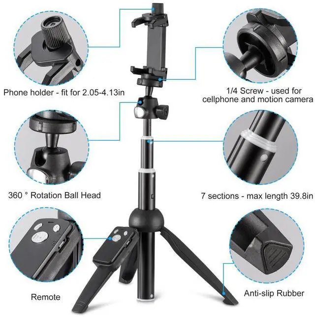 Alt view image 6 of 7 - Selfie Stick Tripod,40 Inch Extendable Selfie Stick Tripod with Wireless Remote Control,Compatible with iPhone 6 7 8 X Plus, Samsung Galaxy S9 Note8