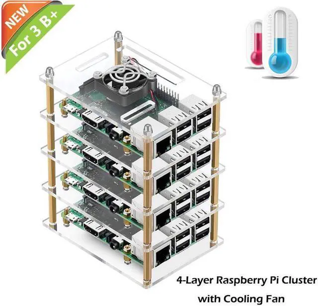Main image of Raspberry Pi Cluster Case, Raspberry Pi Case with Cooling Fan and Raspberry Pi Heatsink for Raspberry Pi 3 Model B+, Pi 3 B, Pi 2 B, Pi B+ (4-Layers)