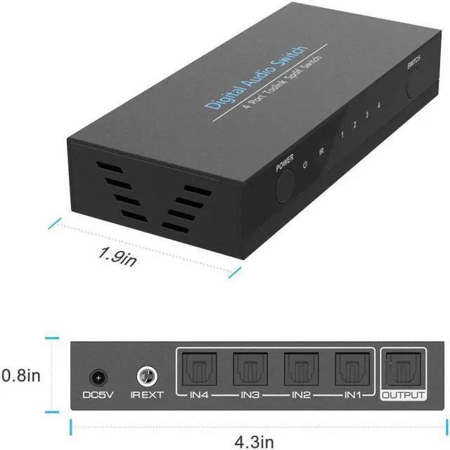 Alt view image 2 of 6 - Digital Optical Audio Switcher 4 in 1 out Switch SPDIF Toslink 4x1 with IR Control and DC Power Adapter Supports 5.1CH/ LPCM2.0/ DTS/Dolby-AC3