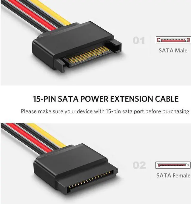 Alt view image 2 of 7 - SATA Power Extension Cable 3 Pack 15 Pin SATA Male to Female Extender Cable Cord Adapter for Hard Drive Disk, HDD, SSD, PCIE