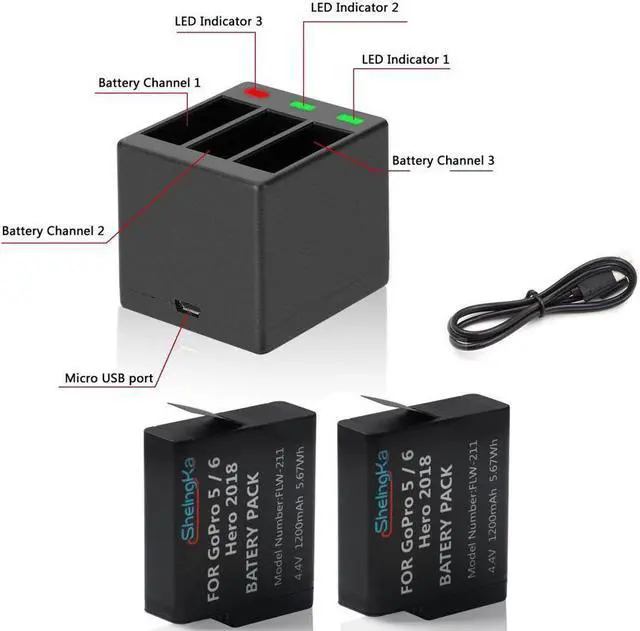 Alt view image 6 of 7 - GoPro Rechargeable Battery 2 Pack x 1500mAh and 3-Channel Charger for GoPro Hero 5 Black,Hero 6 Black, Hero 7 Black Hero 2018 Hero 8 (Fully Compatible with Original)