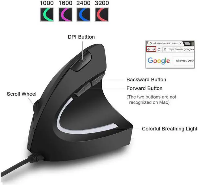 Alt view image 4 of 7 - Wired Vertical Mouse, Optical Ergonomic Mouse with 4 Adjustable DPI 800/1200/2000/3200, 6 Buttons USB Computer Mouse with 4 Colors LED Light