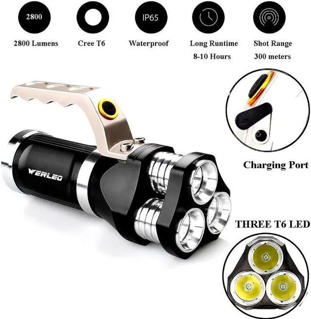 Alt view image 3 of 7 - 2800 Lumen Rechargeable Handheld Flashlight LED Searchlight Bright Outdoor Tactical Spotlight IP65 Waterproof CREE T6 Dimmable LED Torch Floodlight Lamp For Camping Lantern Hiking Hunting Black