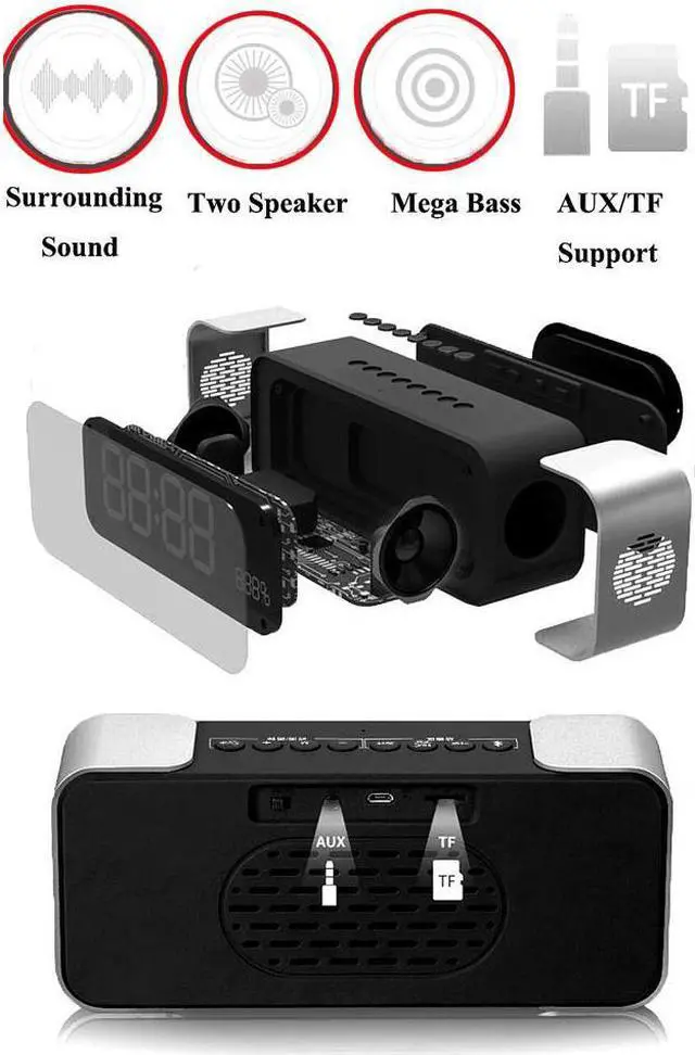 Alt view image 7 of 7 - Bluetooth Speaker Hi-Fi Portable Wireless Stereo Speaker with Alarm Clock Build-in Mic FM Radio LED Light Hands-free Two Subwoofer Enhanced Bass Surround Sound for iPhone Samsung Mac Computer