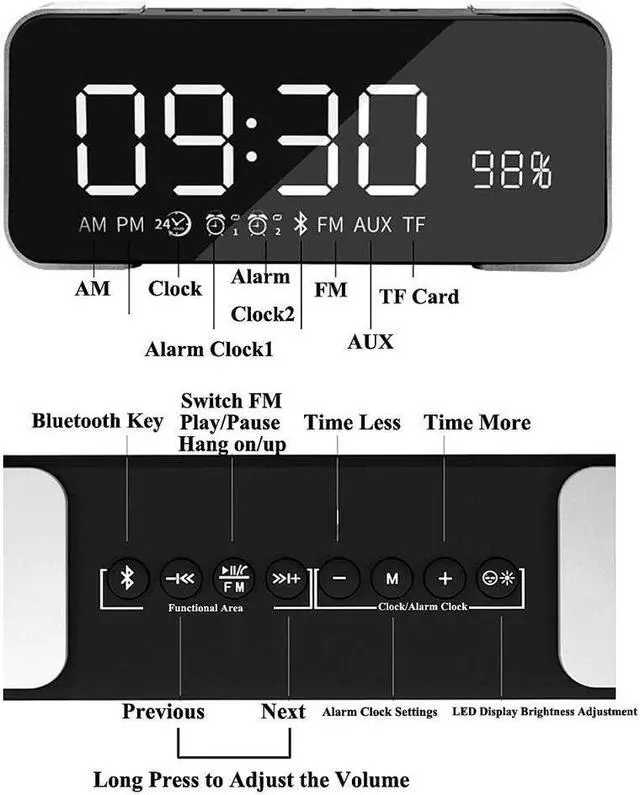 Alt view image 2 of 7 - Bluetooth Speaker Hi-Fi Portable Wireless Stereo Speaker with Alarm Clock Build-in Mic FM Radio LED Light Hands-free Two Subwoofer Enhanced Bass Surround Sound for iPhone Samsung Mac Computer