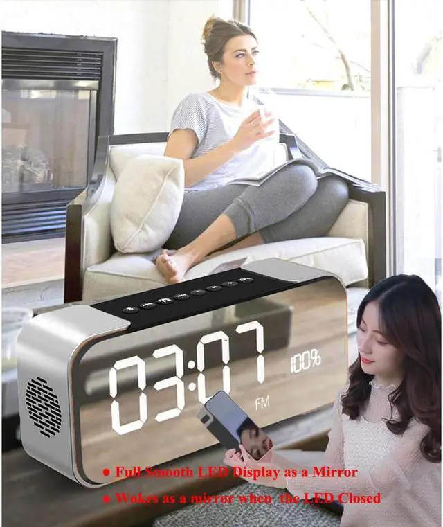 Alt view image 6 of 7 - Bluetooth Speaker Hi-Fi Portable Wireless Stereo Speaker with Alarm Clock Build-in Mic FM Radio LED Light Hands-free Two Subwoofer Enhanced Bass Surround Sound for iPhone Samsung Mac Computer