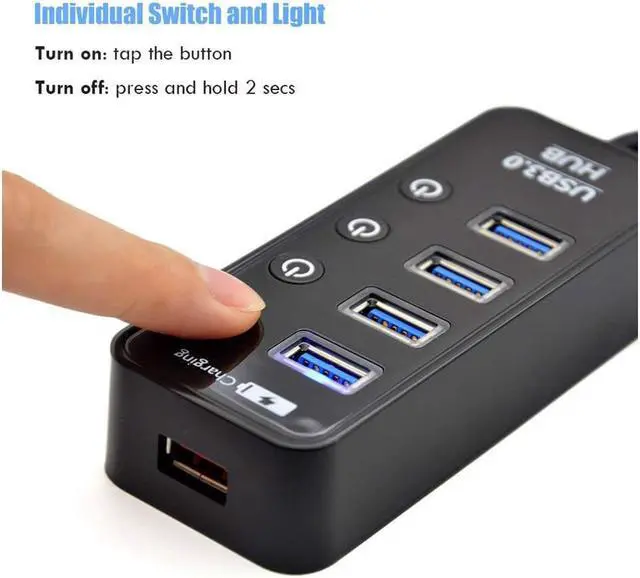 Alt view image 6 of 7 - 4 Port USB 3.0 Hub with Power Adapter and Charging Port USB Data Hub Built-in Individual On Off Switches for Computer PC Laptop and More