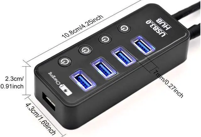 Alt view image 4 of 7 - 4 Port USB 3.0 Hub with Power Adapter and Charging Port USB Data Hub Built-in Individual On Off Switches for Computer PC Laptop and More