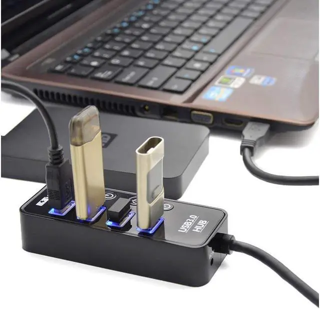 Alt view image 2 of 7 - 4 Port USB 3.0 Hub with Power Adapter and Charging Port USB Data Hub Built-in Individual On Off Switches for Computer PC Laptop and More