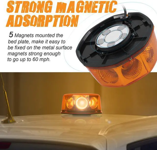 Alt view image 5 of 7 - Werleo 12-24V 48 Watts Amber COB LED Roof Top Rotating Mini LED Strobe Light Bars with 16ft Straight Cord for Trucks Hazard Emergency Vehicles Snow Plow IP66 Waterproof and Magnetic