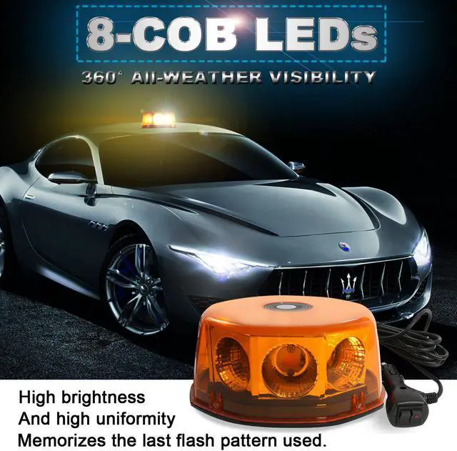 Alt view image 7 of 7 - Werleo 12-24V 48 Watts Amber COB LED Roof Top Rotating Mini LED Strobe Light Bars with 16ft Straight Cord for Trucks Hazard Emergency Vehicles Snow Plow IP66 Waterproof and Magnetic