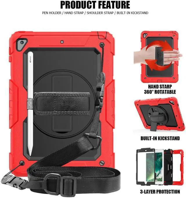 Alt view image 6 of 6 - New iPad 9.7 Inch 2018 2017 Case iPad 6th 5th Generation Case Full-body Shock Proof Hybrid Armor Protective Case Cover with 360 Rotating Stand & Strap for Apple iPad 5th / 6th iPad Air 2 iPad Pro 9.7