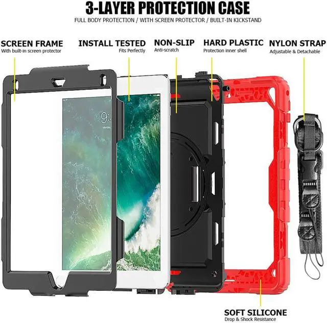 Alt view image 3 of 6 - New iPad 9.7 Inch 2018 2017 Case iPad 6th 5th Generation Case Full-body Shock Proof Hybrid Armor Protective Case Cover with 360 Rotating Stand & Strap for Apple iPad 5th / 6th iPad Air 2 iPad Pro 9.7