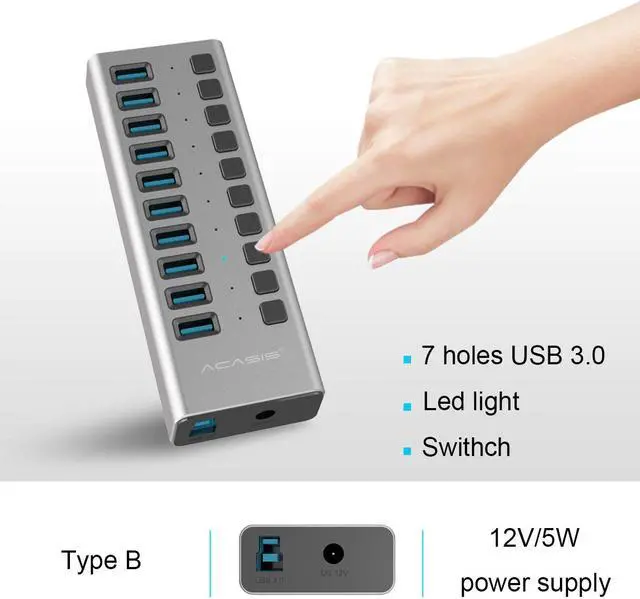 Alt view image 3 of 7 - USB 3.0 Hub with Power Adapter and Charging Port & Individual Power Switches for Windows Vista 7 8 10 MacOS-8/9/X Unix Linux 10 Port Gray