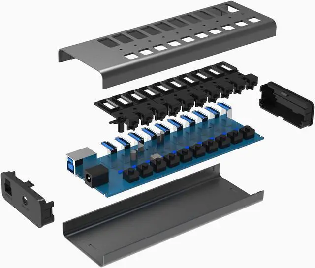 Alt view image 7 of 7 - USB 3.0 Hub with Power Adapter and Charging Port & Individual Power Switches for Windows Vista 7 8 10 MacOS-8/9/X Unix Linux 10 Port Gray