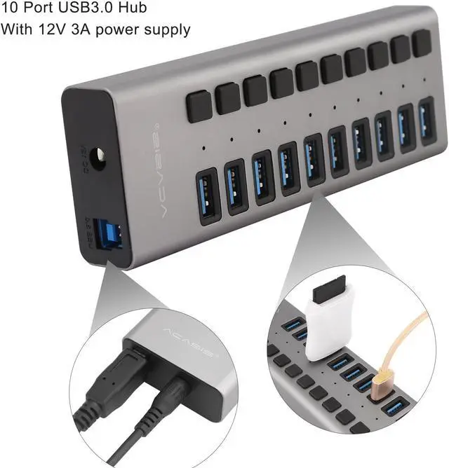 Alt view image 4 of 7 - USB 3.0 Hub with Power Adapter and Charging Port & Individual Power Switches for Windows Vista 7 8 10 MacOS-8/9/X Unix Linux 10 Port Gray