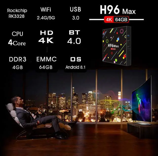 Alt view image 2 of 7 - Android 8.1 4K Smart TV Box 4G + 64GB H96 Max Display Screen RK3328 UHD Quad-Core WiFi Ultra HD H.265 Bluetooth