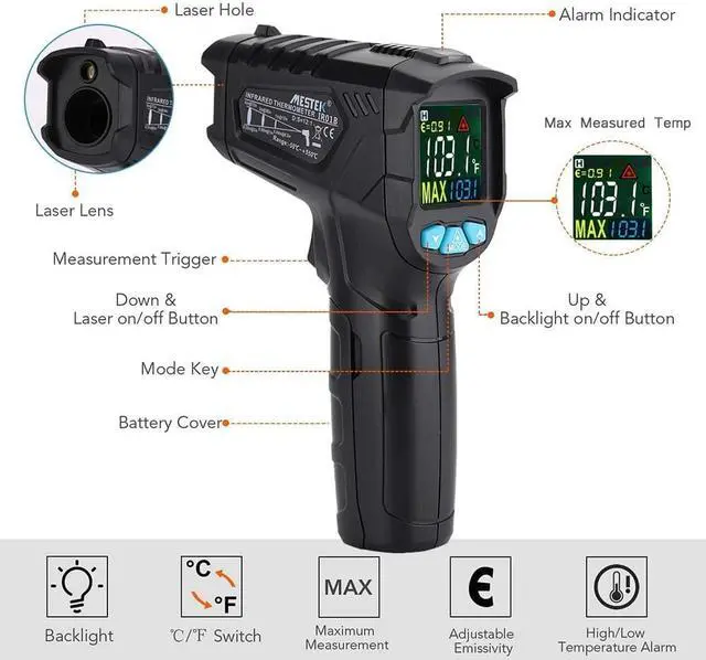 Alt view image 6 of 7 - Infrared Thermometer Non-Contact Digital Laser IR Temperature Gun for Kitchen Meat Food Cooking BBQ Automotive Industrial Thermostat with Flashlight HD Backlight LCD Temp Display