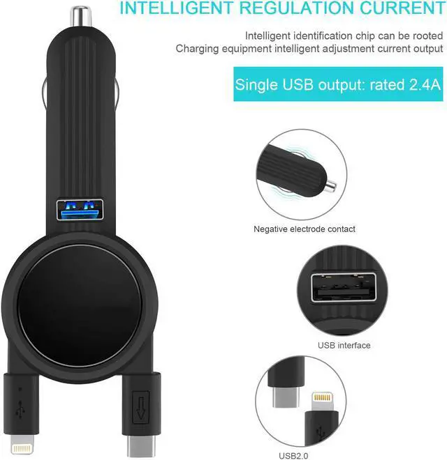 Alt view image 3 of 7 - Car Charger Werleo Quick Charge with 2.3FT Dual Retractable Cable Compatible Replacement for iPhone Xs Max XR X 8 7 6 5s Samsung Galaxy S9 S8 Plus Note 8 LG V30 G6 Google Pixel 2XL and 1 USB Port