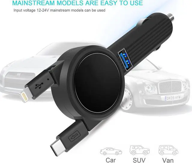 Alt view image 5 of 7 - Car Charger Werleo Quick Charge with 2.3FT Dual Retractable Cable Compatible Replacement for iPhone Xs Max XR X 8 7 6 5s Samsung Galaxy S9 S8 Plus Note 8 LG V30 G6 Google Pixel 2XL and 1 USB Port