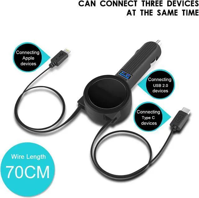 Alt view image 4 of 7 - Car Charger Werleo Quick Charge with 2.3FT Dual Retractable Cable Compatible Replacement for iPhone Xs Max XR X 8 7 6 5s Samsung Galaxy S9 S8 Plus Note 8 LG V30 G6 Google Pixel 2XL and 1 USB Port