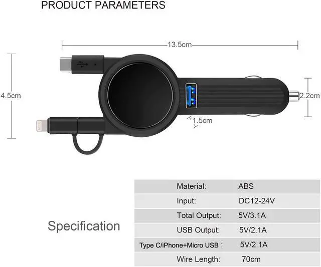 Alt view image 3 of 7 - WERLEO Car Charger with 2.3ft Dual Retractable Cable Multi 3 in 1 Adapter Compatible Samsung Galaxy S9 S8 Note 8 LG V30 G5 Google Pixel XL iPhone Xs Max XR X 8 7 6 Plus,Android Devices & 1 USB Port