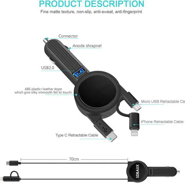 Alt view image 2 of 7 - WERLEO Car Charger with 2.3ft Dual Retractable Cable Multi 3 in 1 Adapter Compatible Samsung Galaxy S9 S8 Note 8 LG V30 G5 Google Pixel XL iPhone Xs Max XR X 8 7 6 Plus,Android Devices & 1 USB Port