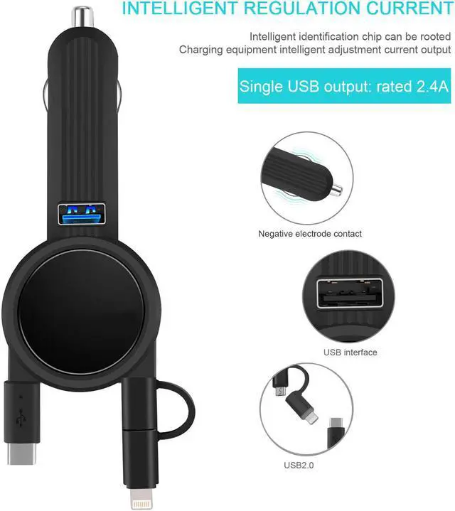 Alt view image 4 of 7 - WERLEO Car Charger with 2.3ft Dual Retractable Cable Multi 3 in 1 Adapter Compatible Samsung Galaxy S9 S8 Note 8 LG V30 G5 Google Pixel XL iPhone Xs Max XR X 8 7 6 Plus,Android Devices & 1 USB Port