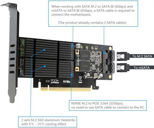 Alt view image 3 of 7 - 3 in 1 M.2 and mSATA SSD Adapter Card for M.2 NVME to PCIE Adapter M.2 SATA SSD to SATA III Adapter mSATA to SATA Adapter (with 2 Aluminum Heatsink)
