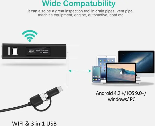 Alt view image 3 of 7 - Ear Otoscope Werleo Black 16 Wireless Ear Camera 1.3 Megapixels WiFi Ear Scope USB Ear Cleaning Endoscope Digital Inspection Otoscope with 6 Adjustable LEDs for iOS and Android Dvices Windows