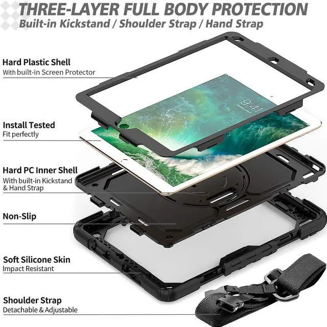 Alt view image 7 of 7 - iPad Air 3 Case iPad Pro 10.5 Case with [Hand Strap & Shoulder Strap] Pencil Holder 360 Rotating Stand Full Body Protection Case with Screen Protector for iPad Air 3 2019 / iPad Pro 10.5 2017 - Black