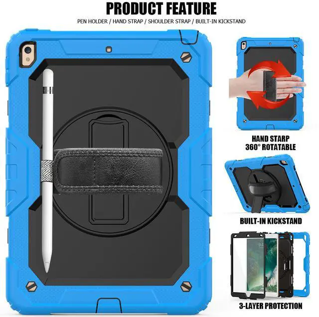 Alt view image 5 of 7 - iPad Air 3 Case iPad Pro 10.5 Case with [Hand Strap & Shoulder Strap] Pencil Holder 360 Rotating Stand Full Body Protection Case with Screen Protector for iPad Air 3 2019 / iPad Pro 10.5 2017 - Black