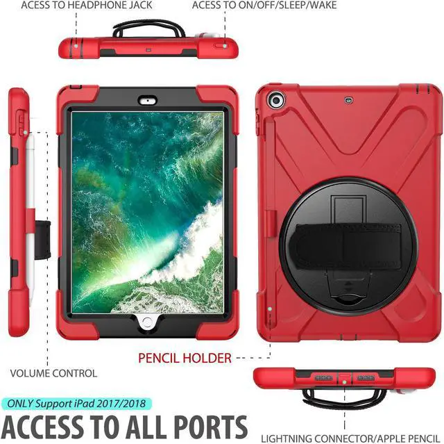 Alt view image 4 of 7 - Werleo Case for iPad 9.7 inch 2018 2017 with Pencil Holder Hybrid Shockproof Rugged Protective Cover with Kickstand Hand Strap and Shoulder Strap for iPad 9.7 Inch 6th 5th Gen 2018 2017 Tablet