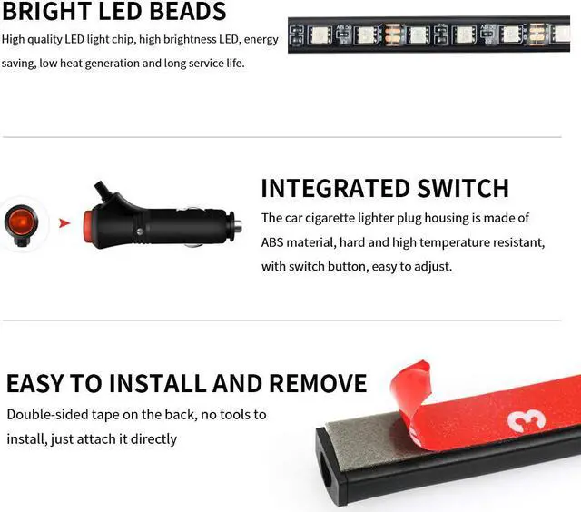 Alt view image 3 of 7 - Car Interior Lights 4pcs 8 Color RGB 72 LEDMulticolor Music Car LED Strip Lights Car Atmosphere Lights LED Strip for Car TV with Sound Active Function Wireless Remote Control