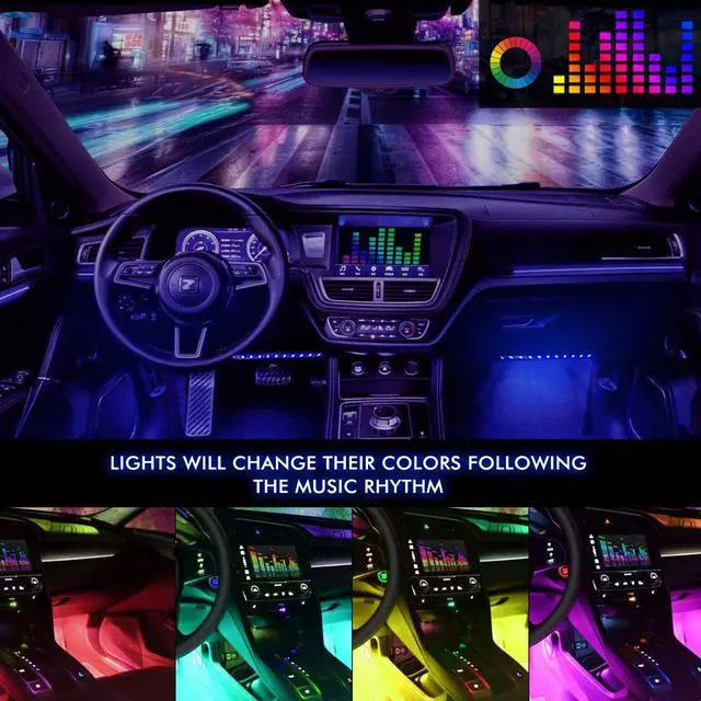 Alt view image 2 of 7 - Car Interior Lights USB 4pcs 8 Color 72 LED Multicolor Music Car LED Strip Lights Car Atmosphere Lights LED Strip for TV with Sound Active Function Wireless Remote Control with USB Port