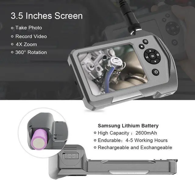 Alt view image 3 of 7 - Industrial Endoscope Werleo Ultra Slim Borescope with 5.5mm Micro Inspection Camera, Waterproof Semi-Rigid Gooseneck 3.5inch LCD Screen 6 LED Lights Lithium-Ion Battery Tool Box - 3m / 9.8ft
