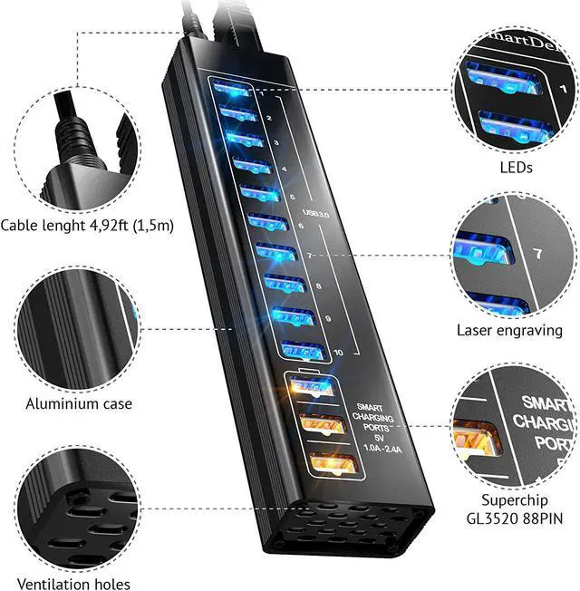Alt view image 6 of 7 - Werleo Powered USB Hub 13 Port USB 3.0 Hub with 10 USB 3.0 Ports 3 Smart Charging Ports Power Adapter Long Cord LEDs - Black Aluminum