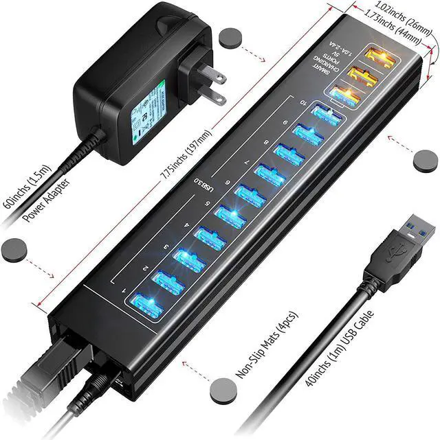 Alt view image 7 of 7 - Werleo Powered USB Hub 13 Port USB 3.0 Hub with 10 USB 3.0 Ports 3 Smart Charging Ports Power Adapter Long Cord LEDs - Black Aluminum